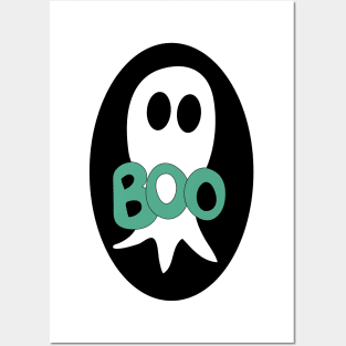 Cute Halloween ghost cartoon with BOO text Posters and Art